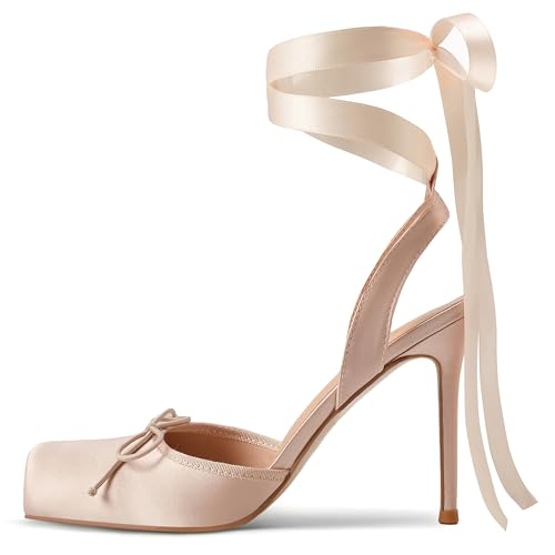 Vertundy Women's Satin Ballet Heels Lace Up Square Toe Stiletto High Bow Ballerina Heels