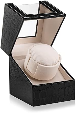YOOHONG Automatic Single Watch Winder with Super Quiet Japanese Motor, in Premium Black Crocodile Pattern Leather Exterior and Soft Flexible Watch Pillows of Camel Velvet