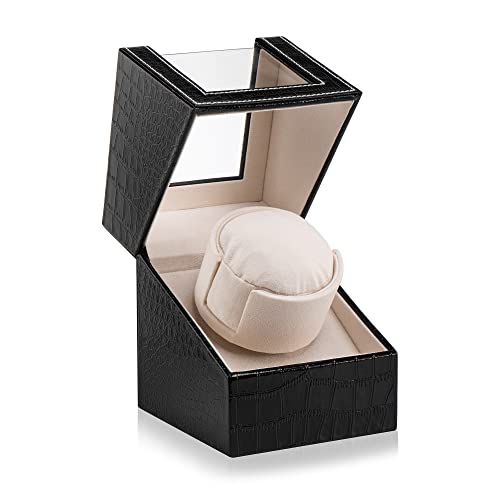 Yoohong Automatic Single Watch Winder With Super Quiet Japanese Motor, In Premium Black Crocodile Pattern Leather Exterior And Soft Flexible Watch Pillows Of Camel Velvet #TOP2