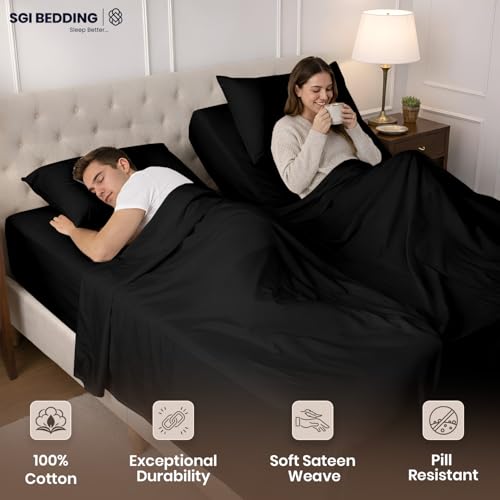 Image of SGI Split King Sheet Set for Adjustable Bed Egyptian Premium Cotton 600 Thread Count Sheets for Sleep Number Bed 15 inch Deep Pocket 5 Pc Set with 2 Twin XL Fitted Sheets Soft Breathable -Black
