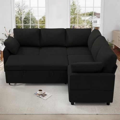Image of 87 inch Fabric Sectional Couch w /Pull Out Bed & Storage Space, Black