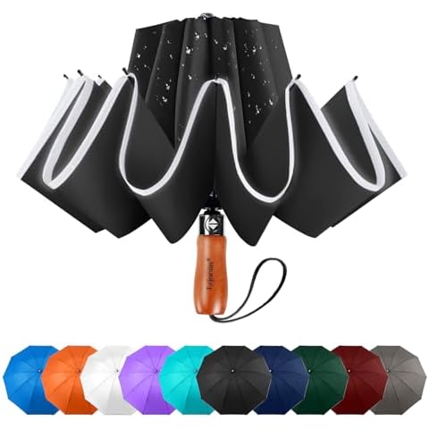 Lejorain Big Reverse Folding Umbrella - 54inch Extra Large Inverted Automatic Sturdy Black Mens Wind Resistant Rain Umbrella Compact Cover
