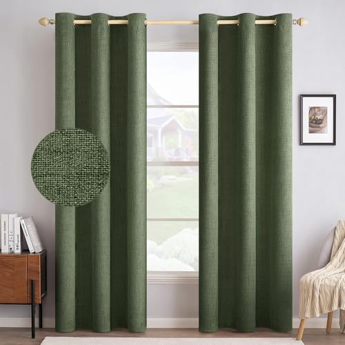 Image of MIULEE 100% Blackout Linen Textured Curtains for Bedroom Solid Thermal Insulated Olive Green Grommet Room Darkening Curtains & Drapes Luxury Decor for Living Room 42 x 90 Inch (2 Panels)