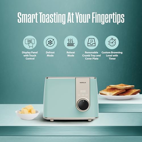 Havells Craft Pop Up Toaster | Touch Control Operation | 8 level Custom Browning Level| Live Cooking Timer | Defrost Mode | Reheat Mode | Intelligent Energy Saving Operation (Blue & Gold) preview 2