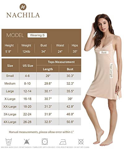 NACHILA Women's Bamboo Nightgown Lace V Neck Cami Full Slip Dress Spaghetti Strap Chemise Black L