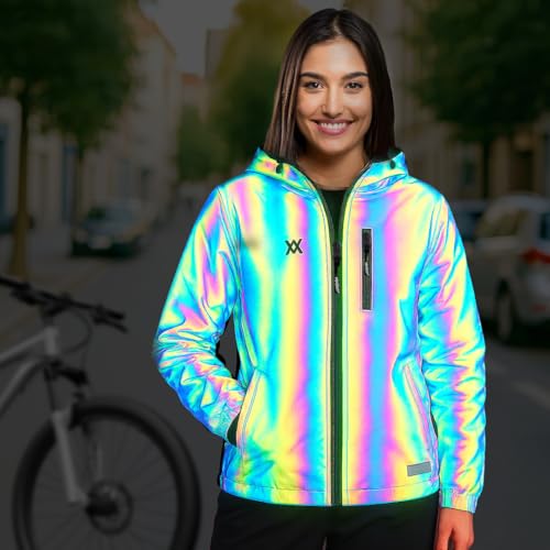 REEFLEXX Reflektor-Damenjacke – Vollreflektierender Windbreaker | Leicht, wasserabweisend, winddicht & stylisch sichtbar (DE/NL/SE/PL, Alphanumerisch, XL, Regular, Regular, Black Rainbow Jacket)