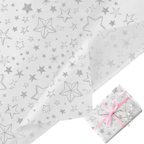 FMDPZUP Silver Star Tissue Paper for Wrapping Gifts 30 Pcs 50 * 30cm Christmas Tissue Paper Sheets for Packaging Gift Boxes Flowers for Holiday Xmas Party Decorations Craft