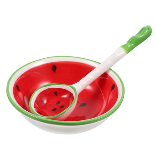 OFFSCH 1Set Cute Fruits Themed Ceramic Bowl and Spoon Adorable Watermelon Spoon Decorative Rice Bowl for Easy to Clean and for Soup and Snacks