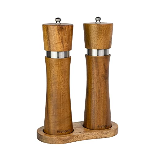 Brettgold Salzmühle & Pfeffermühle Geschenkset mit Untersetzer - Akazienholz - Keramikmahlwerk - 21cm -Gewürzmühlen Cover