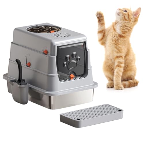Image of Qpets Cat Litter Box (Covered & Enclosed Design) with Stainless Steel Tray, Front & Top Entry Cat Toilet, Odor Control, Litter Scoop Included, 50 x 35 x 38 cm