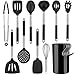YMERSEN Utensili Cucina Silicone, 12 Pezzi Mestoli Cucina Silicone Resistente al Calore Set Utensili Cucina Utensili da Cucina con Manico in Acciaio Inossidabile per Padella Antiaderente (Nero)