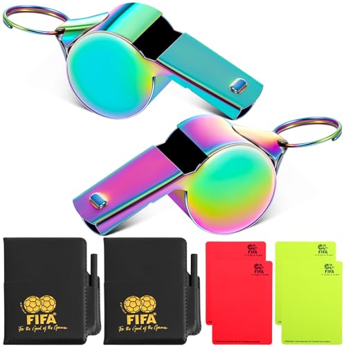 2 Pack Stainless Steel Coach Sports Whistle with Lanyard + 2 Pack Sports Soccer Referee Card Set (Game Score Pocket Book+Red Yellow Card+Pencil), Loud Crisp Sound Whistle for Coaches Teachers, Referee