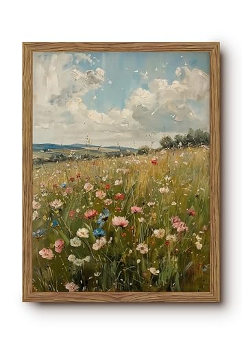 Wildflower Meadow Wall Art, Cottagecore Floral Pictures Wall Decor, Spring Green Botanical Prints, Rustic Country Flower Painting, Neutral Farmhouse Artwork for Gallery Living Room Framed 12x16 Inch