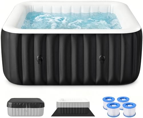 Inflatable Hot Tub, Large Square Portable Blow Up Hot Tub, 2-4 Person Leak-Proof PVC Outdoor Spa with 120 Air Jets, Heater Pump and Insulated Cover, 60 X 25 Inch