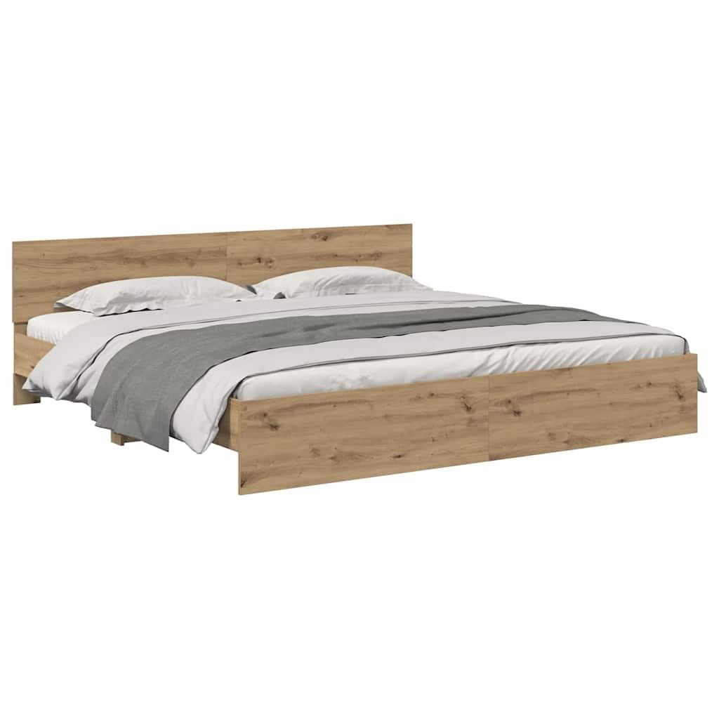 Marco de cama de roble Artisan de madera de 200 x 200 cm con somier y tiras LED para dormitorio de matrimonio con cabecero e iluminación moderna
