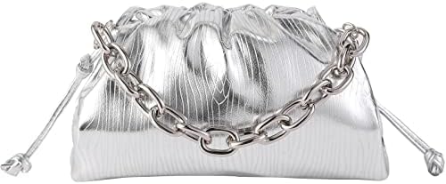 Women Dumpling Crossbody Bag Cloud Evening Bag Sparkly ChainClutch Purses Drawstring Strap Ruched Shoulder Bag (chain small silver)