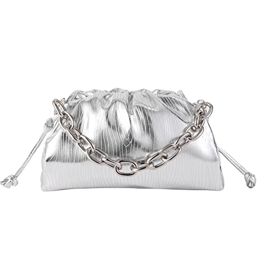Women Dumpling Crossbody Bag Cloud Evening Bag Sparkly Chainclutch Purses Drawstring Strap Ruched Shoulder Bag (Chain Small Silver) #TOP27