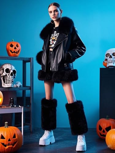 Women's Fur Leg Warmers Faux Fur Fluffy Leg Warmers Soft Boot Cuffs Cover for Halloween, Christmas, Mardi Gras, Black4