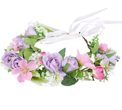Trepveter Floral Crown Bridal Headband Flower Headpiece Halo for Cosplay, Halloween, Wedding, Renaissance Party, Prom - Lilac Color, Photo Props