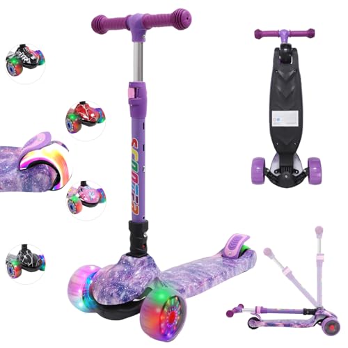 Patinete Infantil con Ruedas Luminosas LED, Plegable, 3 – 12 años, Altura Regulable, Patinete para niños y niñas con Asas Antideslizantes y Freno Trasero, diseño Galaxy Lila