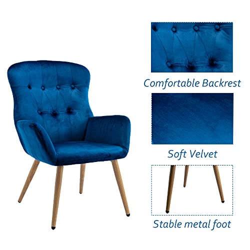 Kcc Velvet Desk Chair, Modern Tufted Button Accent Chair Wingback Upholstered Tall Back Side Vanity Armchair With Wood Grain Metal Legs For Living Dining Room Bedroom, Navy Blue #TOP3