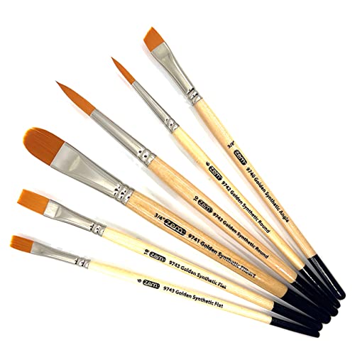 Zem Brush Golden Synthetic Combo Set 6 Pcs Brushes Oval 3/4", Shaders 6 & 10, Rounds 6 & 10, Angle 3/8" #TOP3