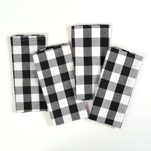 Image of 4 Pack Gingham Buffalo Check Kitchen Dish Towels 100% Cotton 16x26 Inches - Super Absorbent Quick Drying Hand Tea Towels, Restaurant Cleaning Towels with Hanging Loop, Black White