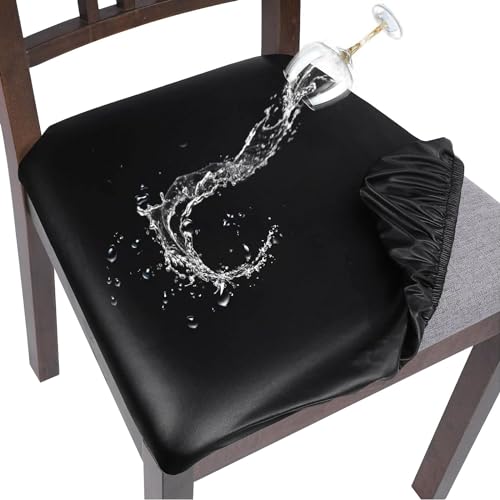 Image of SearchI Waterproof PU Leather Seat Covers for Dining Chairs, 2 Pack Stretch Dining Room Chair Seat Covers, Kitchen Chair Seat Covers Protectors (Black)