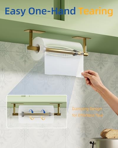 Image of RUACQ Paper Towel Holder Under Cabinet, One Hand Tearing Paper Towel Holder with Damping Effect, Wall Mount & Adhesive Stainless Steel Paper Roll Holder for Kitchen Bathroom (Brushed Gold)