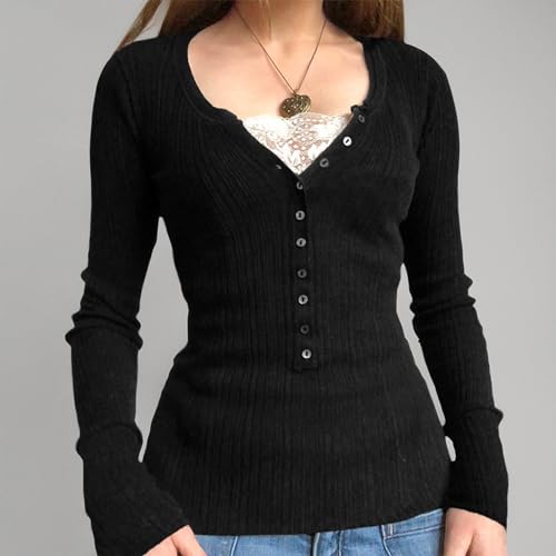 Image of Fairy Grunge Shirts for Women Y2K Tops Long Sleeve Lace Patchwork Tees Teen Girls Vintage Slim Blouse Fall Clothes