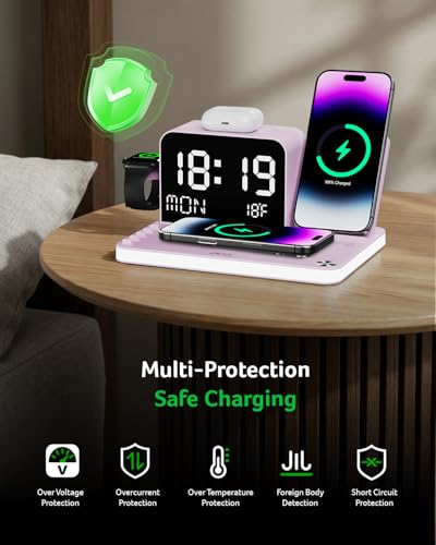 Image of Acer 7-in-1 Wireless Charging Station with LED Clock - 30W Fast Wireless Charger for iPhone 16 /15 /14 /13 /12 /Pro Max, Apple Watch, AirPods - Bluetooth Auto Time Sync & Night Lights (Purple)