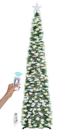 SINTENILL 6 FT Pop Up Christmas Tree with 100 LED Timer Lights & Remote, Green Collapsible Christmas Tinsel Tree Artificial Pencil Tree Xmas Decoration for Holiday Home Office Party, USB Powered