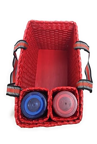 Image of Paperus, Red, Large, Lunch Bag with 2 Water Bottle Holders, Tiffin Basket, Picnic Basket, Travel Bag, Eco-Friendly, Handmade, of Paper Ropes, Length 14 inch, Height 11 inch & 7 Inch Broad Base