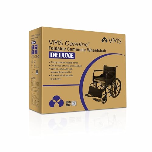 Image of VMS Careline Deluxe Foldable Commode Wheelchair | Built-In Commode | Mag & Castor Wheels | PVC Seat | Easy to Clean | Smooth Maneuverability