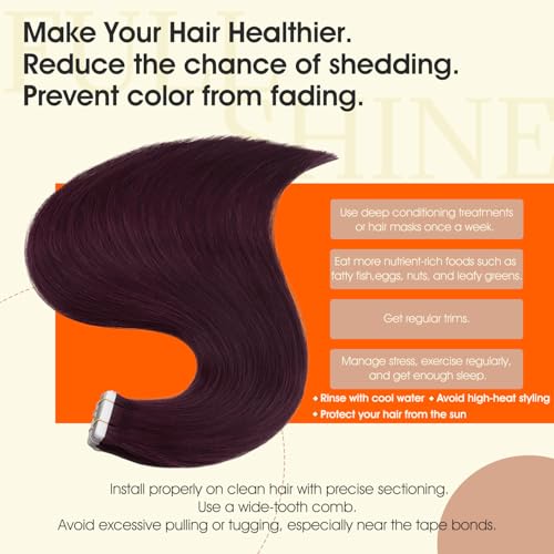 Image of Full Shine Hair Extensions Wine Red 99J Tape in Hair Extensions Human Hair 22Inch Tape in Extensions Invisible Human Hair Extension Burgundy Seamless Skin Weft Hair 50Gram 20Pcs Remy for Women