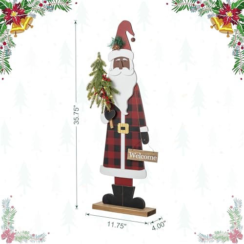 Image of Glitzhome 36''H Lighted Wooden Africa Santa Porch Decor with Timer & LED Lights, Christmas Standing Santa Porch Sign Decor with Xmas Tree and Welcome Plaques for Front Door Outdoor Decor