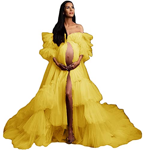 Tianzhihe Maternity Robe Dressing Gown Photoshoot Beach Coverup Sheer Long Bridal Lingerie Puffy Wedding Scraf Mustard Yellow Large-X Large #TOP17