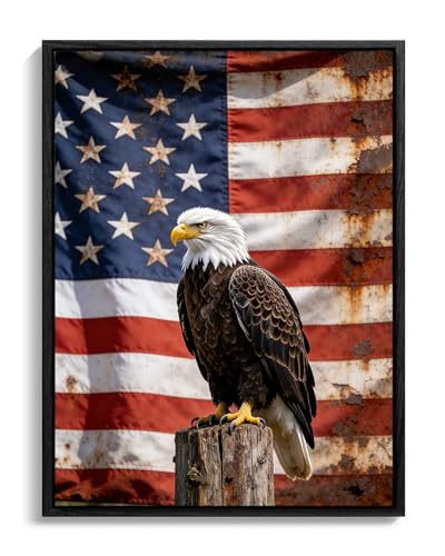 Image of American Flag Framed Canvas Wall Art, 4th of July Red White Blue Canvas Prints, USA Flag with Bald Eagle Patriotic Decorations, Vintage Independence Day Wall Decor for Bedroom Living Room 12x16