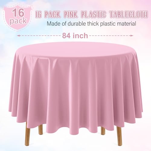 Image of 16 Pack Light Pink Plastic Tablecloth for Round Tables, Premium Decorative Pink Disposable Table Cloths for Parties, Bulk Round Party Table Cover for Birthday Wedding Anniversary Graduation, 84 Inch