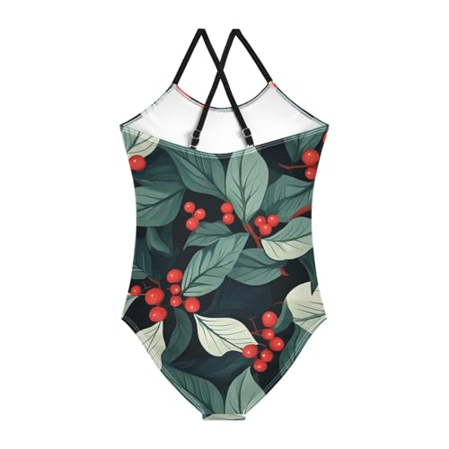 KLL Christmas Holly Leaves Girl 1 Piece Bathing Suit Summer Swimming Suits with Adjustable Straps UPF 50+2
