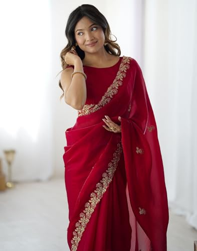 Image of SIRIL Women's Tissue Silk Sequence Embroidery Saree with Unstitched Blouse Piece