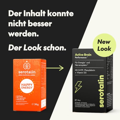serotalin® Active Brain Performance (ehem. Happy Energy) - 5-HTP - L-Phenylalanin - Serotonin & Dopamin Vorstufe - Energie Komplex - Hochdosiert - Vegan & Made in Germany - 60 Kapseln (2 Monate)