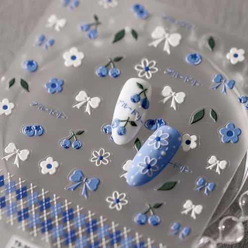 Blue Flower Bow Nail Art Decals, Cute Blueberries Designs 5D Relief Nail Stickers for Nail Decor, Cartoon Ribbon Bow with Diamond Patterned Nail Art Stickers, Back Glue Nail Accessories for Women