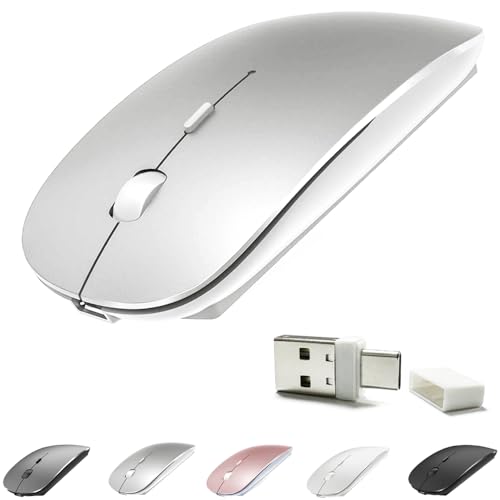 KLO 4 Modes Rechargeable Bluetooth Mouse BT3.0/5.2+USB-2.4G/Type-C,Wireless Mouse for MacBook pro/MacBook air/Laptop/iMac/ipad/Notebook/pc (BT/USB-C Silver)