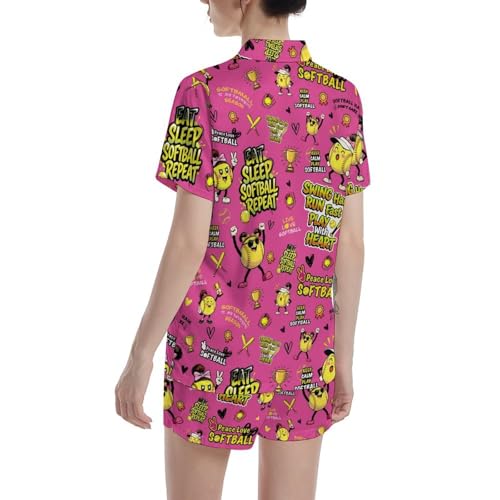 Image of Funny Pajamas for Women Set Print Satin Loungewear Pjs Short Sleeve Button Down Top and Shorts Sets Sleepwear XS-3XL