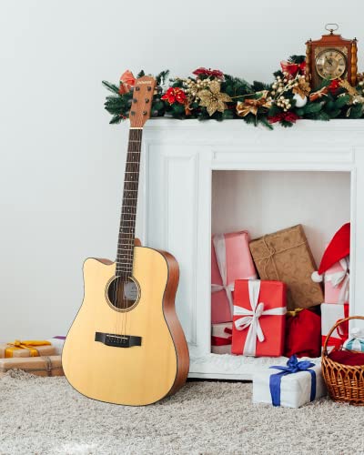 Acoustic guitar leaning beside a decorated fireplace with wrapped gifts.