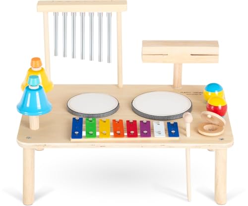 Classic Cantabile 12 en 1 Mesa de Percusión para Niños y Bebés Desde 1 Año - Juguete Montessori para Niños - Instrumentos Musicales de Madera - para Pequeños con Glockenspiel y Tambores