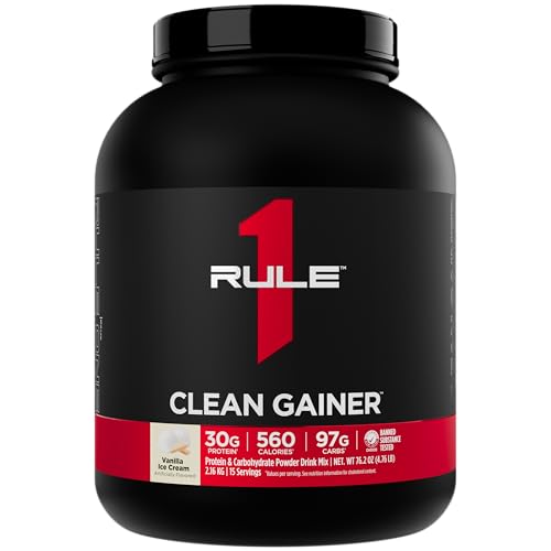 Rule 1 Clean Gainer - High-Protein Lean Gain Formula with 560 Calories, 30g of Full-Spectrum Protein, Over 90g Carbs, Under 6g of Fat (15 Servings, Vanilla Ice Crème)