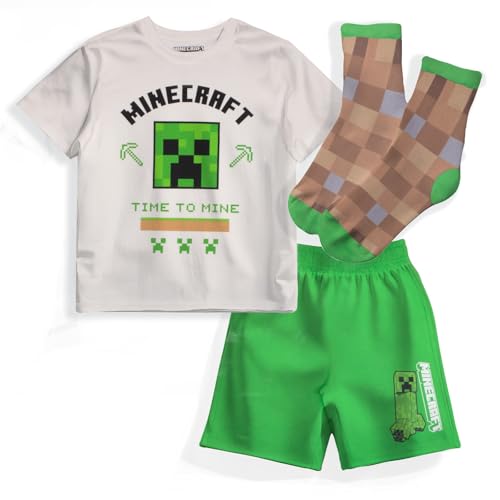 Minecraft Creeper Boys 3-Piece Set - Short Sleeve Graphic T-Shirt Shorts & Socks - Complete Summer Outfit for Kids (Cream/Green Size 7)
