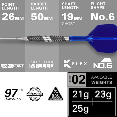 Target Darts 975 Ultra Marine 02 21G 97.5% Tungsten Swiss Point Steel Tip Darts Set with K-Flex
